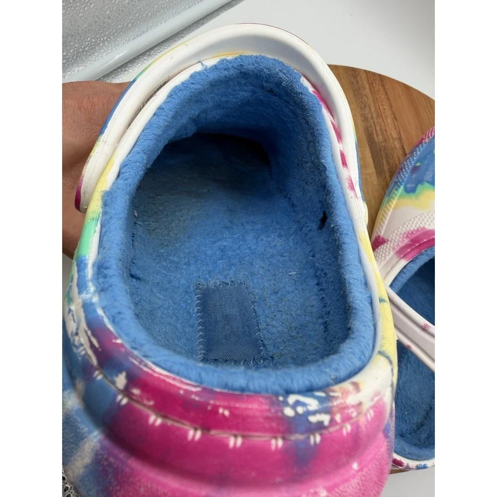 Crocs Classic Lined Tie Dye Clogs Men's‎ 7/Women's 9 Blue Faux Fur Fuzzy Slides